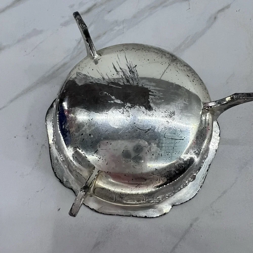 Vtg Silver Covered Ornate Trinket Candy Dish Vanity Silver plated Floral 2.5x4